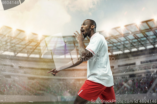 Image of The football player in motion on the field of stadium