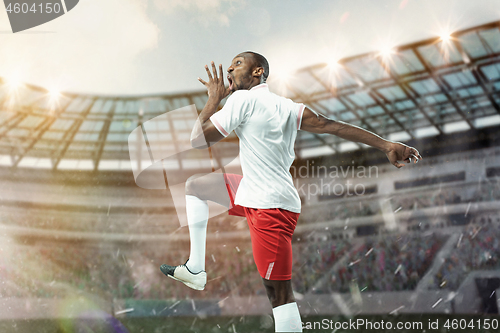 Image of The football player in motion on the field of stadium