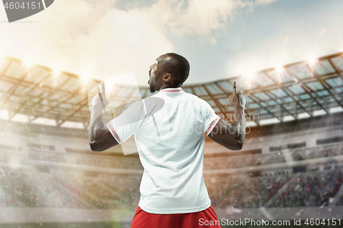 Image of The football player in motion on the field of stadium