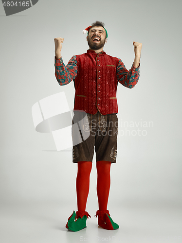 Image of friendly man dressed like a funny gnome posing on an isolated gray background