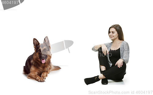 Image of Woman with her dog over white background