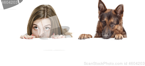 Image of Woman with her dog over white background