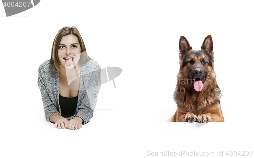 Image of Woman with her dog over white background