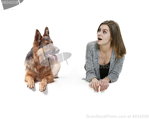 Image of Woman with her dog over white background