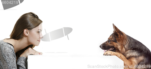 Image of Woman with her dog over white background