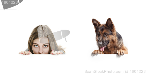 Image of Woman with her dog over white background