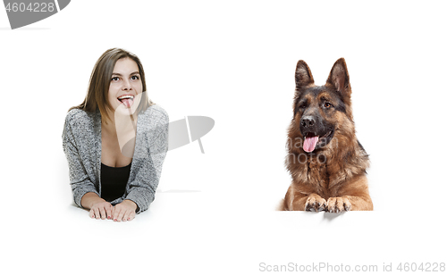 Image of Woman with her dog over white background