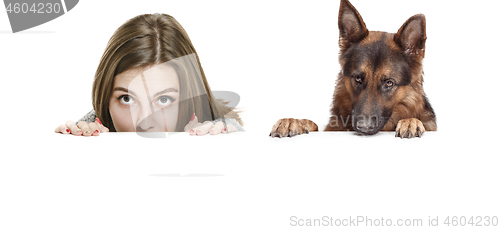 Image of Woman with her dog over white background