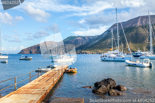 Image of Lipari Islands Sicily Italy jetty and boats