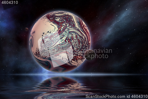 Image of planet in space with water reflection