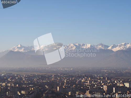 Image of Aerial view of Turin with Alps mountains