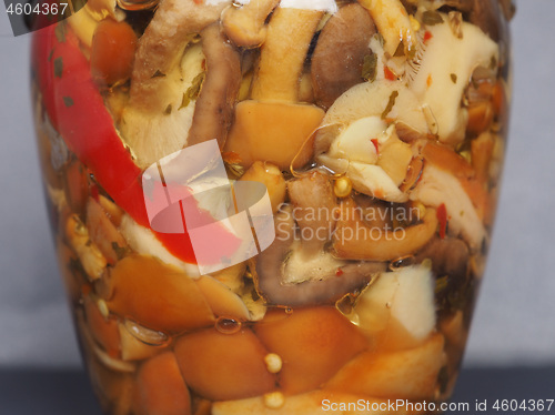 Image of mixed champignons and porcini mushrooms in jar