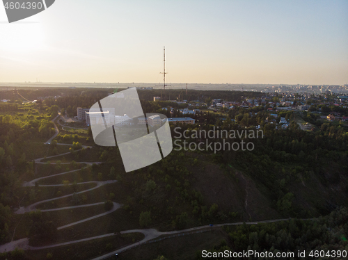 Image of Aerial top vew of winding road in the city