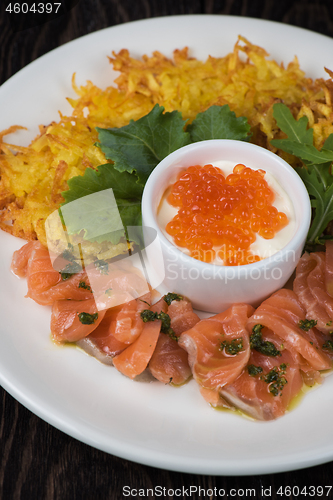 Image of potato pancakes salmon fish and red caviar