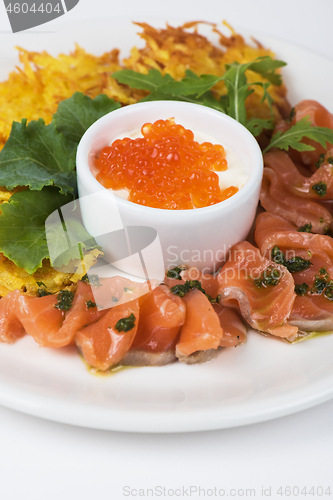 Image of potato pancakes salmon fish and red caviar