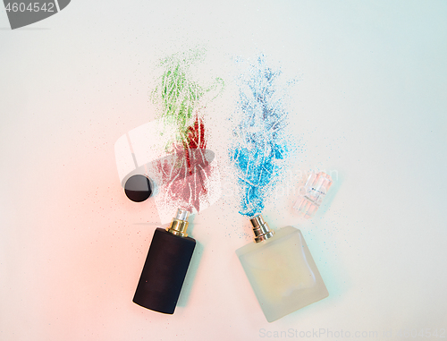 Image of Flat lay composition with two perfume bottles