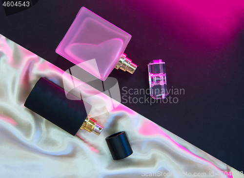 Image of Flat lay composition with two perfume bottles