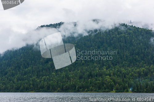 Image of Foggy Teletskoye lake in Altai mountains