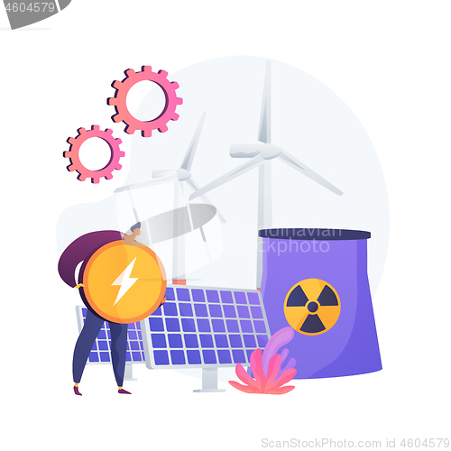 Image of Atomic reactor, windmill and solar battery, energy production vector concept metaphor.