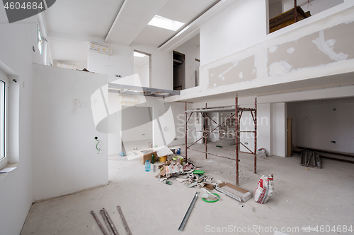 Image of interior of construction site with scaffolding