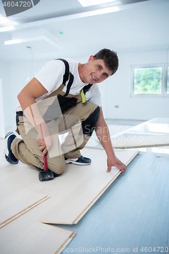 Image of Professional Worker Installing New Laminated Wooden Floor