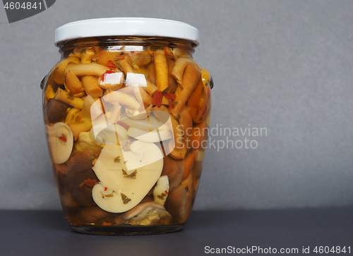 Image of mixed champignons and porcini mushrooms in jar