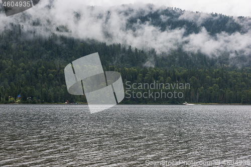 Image of Foggy Teletskoye lake in Altai mountains