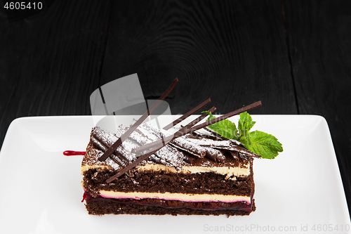 Image of Plate with piece of delicious chocolate cake