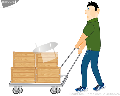 Image of Cartoon men worker carrying boxes on pushcart