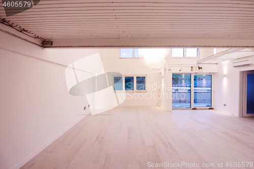 Image of Interior of empty stylish modern open space two level apartment