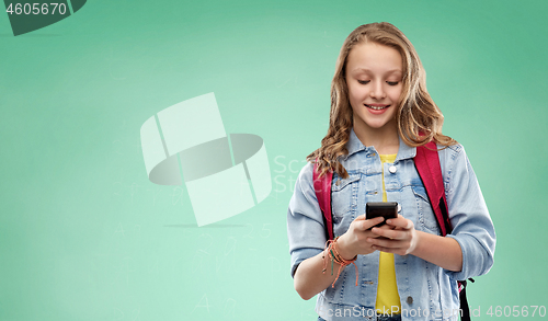 Image of teen student girl with school bag and smartphone