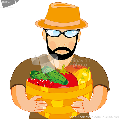 Image of Man farmer with harvest fruit in basket