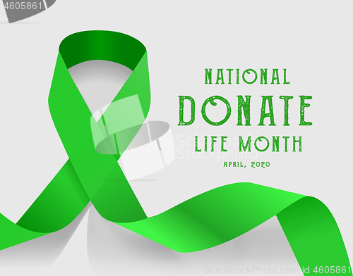 Image of National donate life month. Vector illustration with green ribbon on light