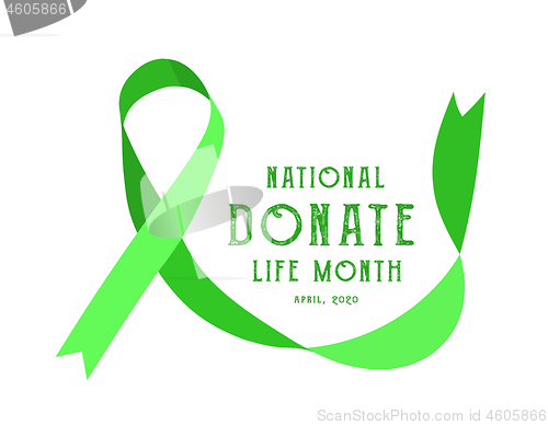 Image of National donate life month. Vector illustration with green ribbon on light