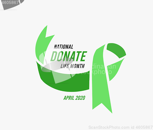 Image of National donate life month. Vector illustration with green ribbon on light