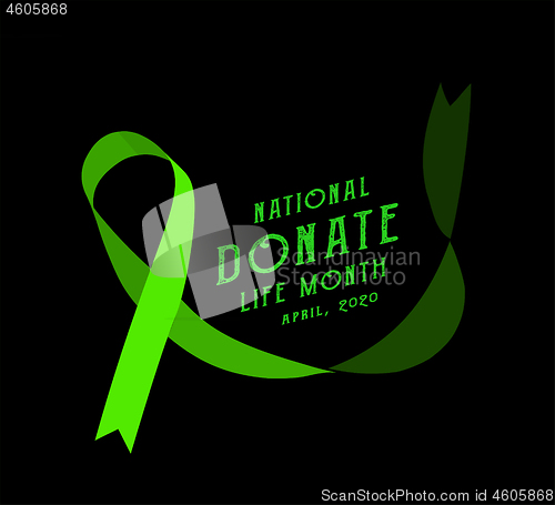 Image of National donate life month. Vector illustration with green ribbon on black