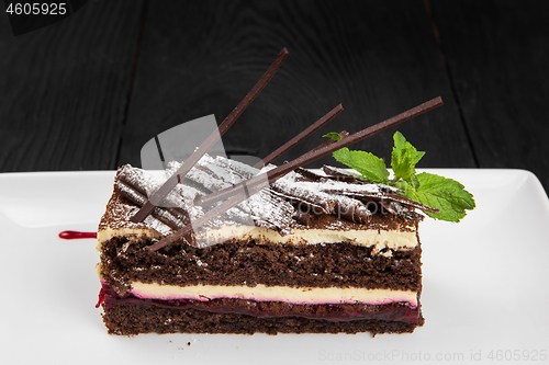 Image of Plate with piece of delicious chocolate cake