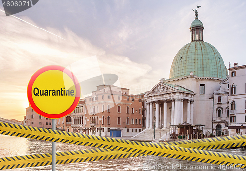 Image of Crossing police lines with alarm sign of quarantine on the background of Church Piccolo in Rome City, Italy.