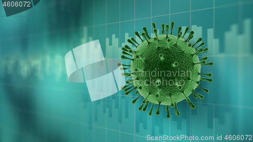 Image of Molecule of Coronavirus on the turquoise background of stock market graphs.