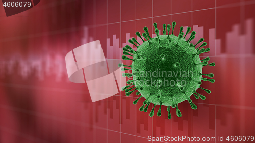 Image of Model of Coronavirus on the red background of stock market graphs.