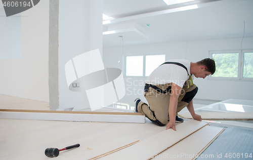 Image of Worker Installing New Laminated Wooden Floor
