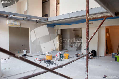 Image of interior of construction site with scaffolding