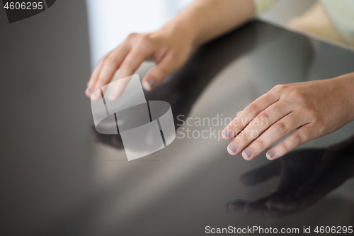 Image of close up of woman using black interactive panel