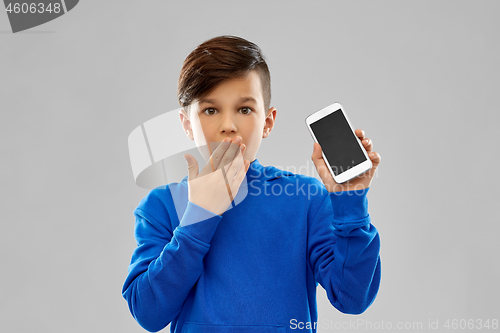 Image of shocked boy in blue hoodie showing smartphone