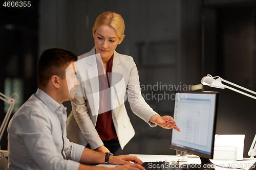 Image of business team with computer working late at office