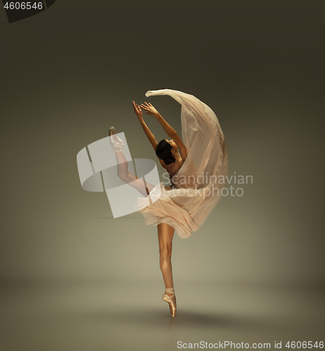 Image of Young graceful tender ballerina on grey studio background