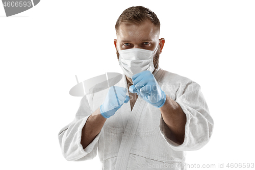 Image of Sportsman in protective mask, coronavirus illustration concept