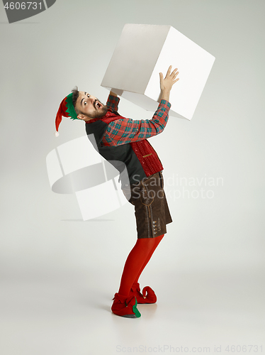 Image of friendly man dressed like a funny gnome posing on an isolated gray background