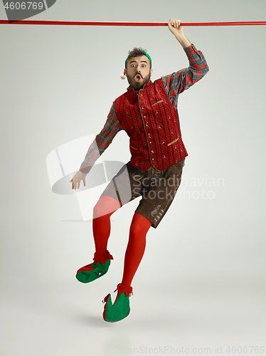 Image of friendly man dressed like a funny gnome posing on an isolated gray background