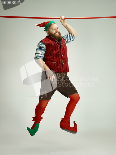 Image of friendly man dressed like a funny gnome posing on an isolated gray background